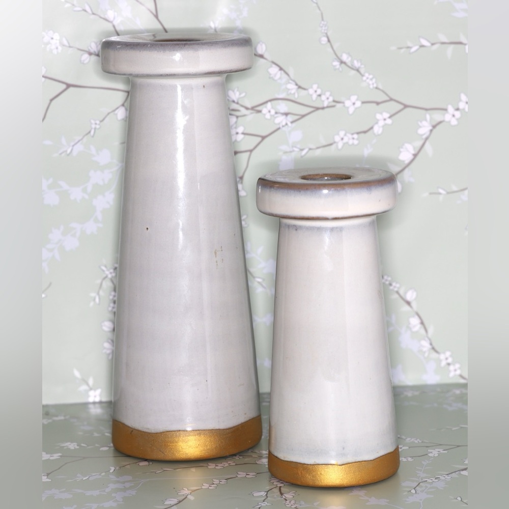 Hearth & Hand White Ceramic Tapered Candle Holders with Gold Trim